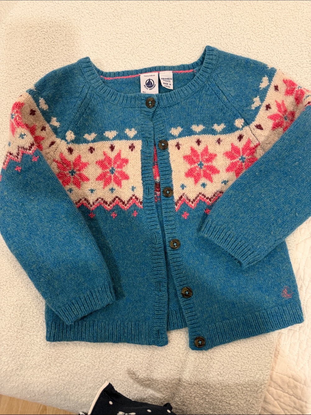 Petit Bateau Blue Cardigan with Pink Snowflake Motif